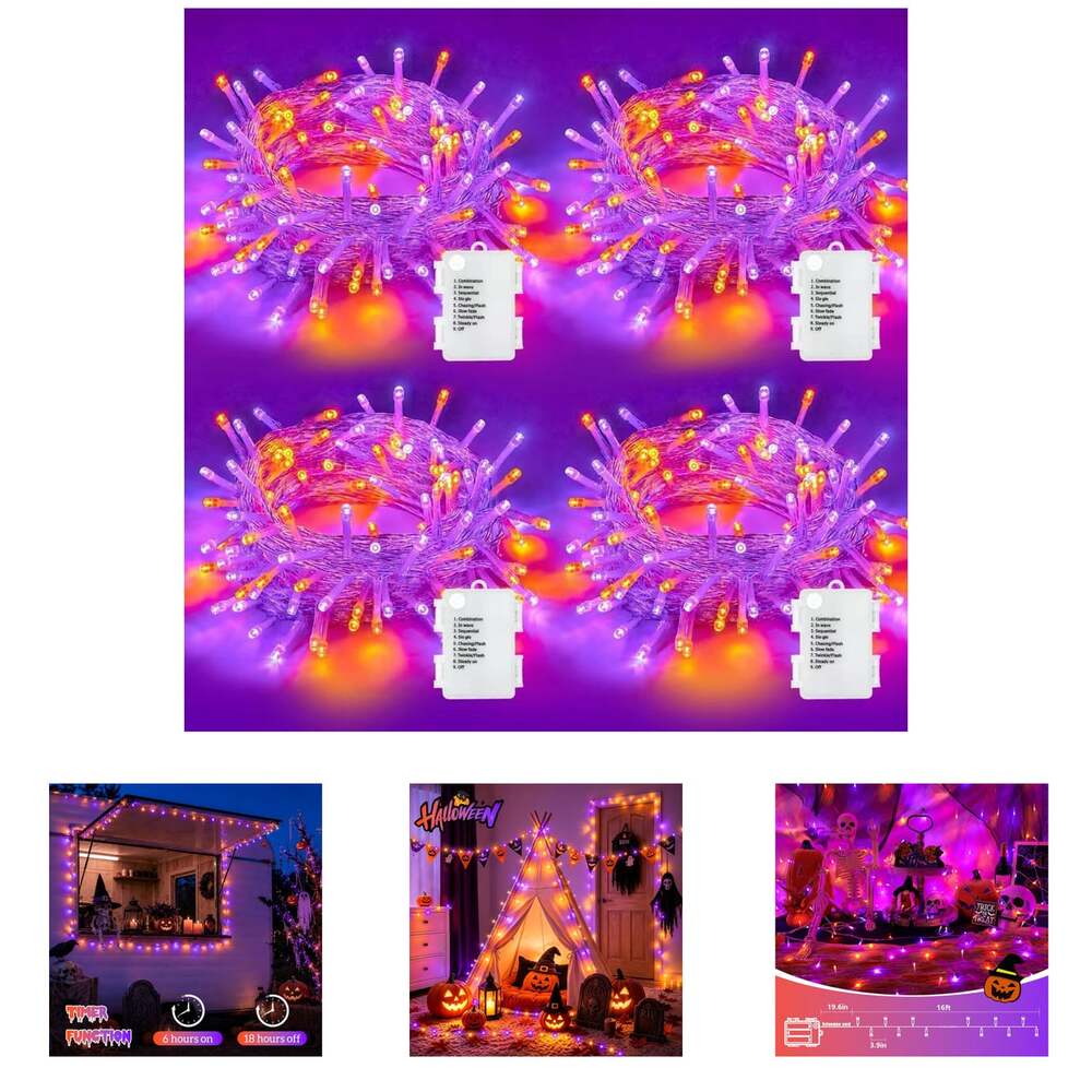 Battery Operated Halloween String Lights 16Ft 50 LED Purple Orange Waterproof